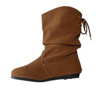 Swikon Women’S Slouch Mid Calf Boots Soft Faux Suede Casual Boots | Round Toe Flat Calf Boot with Rear Drawstring Ruched Vintage Footwear for Daily Outings, Autumn Fashion & Casual Street Wear