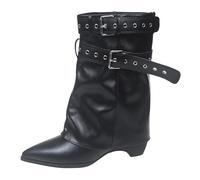 Swikon Women'S Overknee Boots Fold Over Shark Boots with Block Heel | Pointed Toe Half Boots Wide Calf Ladies Boot Fashion Long Shaft Transition Shoes for Festivals, Garden, Walking