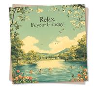 Swim Birthday Card for Swimmer - Relax by the Lake - Nature Themed | for Friend, Relative, Partner, Husband, Wife - Illustrated, Vintage, Green, Peaceful - Blank Inside, with Envelope