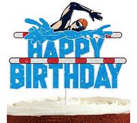 Swim Cake Topper for Boys Men Happy Birthday Summer Pool Party Decorations Swimmer Party Supplies Glitter Swimming Birthday Cake Decorations