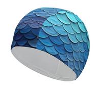 Swim Cap Hat Fabric Blue Mermaid Fish Scale Swimming Cap for Short Long Hair to Keep Hair Dry, Waterproof Bathing Caps for Women Men, Stretchable Comfortable Shower Caps Non-Slip Pool Hat