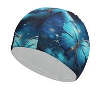 Swim Cap Hat Fabric Blue Starry Butterfly Swimming Cap for Short Long Hair to Keep Hair Dry, Waterproof Bathing Caps for Women Men, Stretchable Comfortable Shower Caps Non-Slip Pool Hat