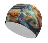 Swim Cap Hat Fabric Chinese Dragon Oil Painting Swimming Cap for Short Long Hair to Keep Hair Dry, Waterproof Bathing Caps for Women Men, Stretchable Comfortable Shower Caps Non-Slip Pool Hat