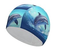 Swim Cap Hat Fabric Cute Dolphin Swimming Cap for Short Long Hair to Keep Hair Dry, Waterproof Bathing Caps for Women Men, Stretchable Comfortable Shower Caps Non-Slip Pool Hat