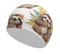 Swim Cap Hat Fabric Cute Sloth Leaves Swimming Cap for Short Long Hair to Keep Hair Dry, Waterproof Bathing Caps for Women Men, Stretchable Comfortable Shower Caps Non-Slip Pool Hat