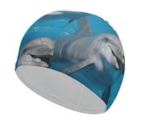 Swim Cap Hat Fabric Dolphin with A Smile Swimming Cap for Short Long Hair to Keep Hair Dry, Waterproof Bathing Caps for Women Men, Stretchable Comfortable Shower Caps Non-Slip Pool Hat