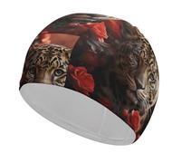 Swim Cap Hat Fabric Red Rose and Tiger Swimming Cap for Short Long Hair to Keep Hair Dry, Waterproof Bathing Caps for Women Men, Stretchable Comfortable Shower Caps Non-Slip Pool Hat