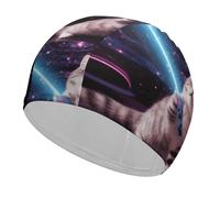 Swim Cap Hat Fabric Space Laser Cat Novelty Cute Funny Swimming Cap for Short Long Hair to Keep Hair Dry, Waterproof Bathing Caps for Women Men, Stretchable Comfortable Shower Caps Non-Slip Pool Hat