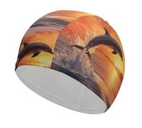Swim Cap Hat Fabric Sunset Dolphin Swimming Cap for Short Long Hair to Keep Hair Dry, Waterproof Bathing Caps for Women Men, Stretchable Comfortable Shower Caps Non-Slip Pool Hat