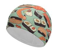 Swim Cap Hat Fabric Sushi Food Pattern Swimming Cap for Short Long Hair to Keep Hair Dry, Waterproof Bathing Caps for Women Men, Stretchable Comfortable Shower Caps Non-Slip Pool Hat