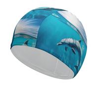 Swim Cap Hat Fabric Swimming Dolphin in Blue Sea Swimming Cap for Short Long Hair to Keep Hair Dry, Waterproof Bathing Caps for Women Men, Stretchable Comfortable Shower Caps Non-Slip Pool Hat