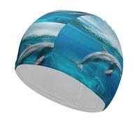 Swim Cap Hat Fabric Swimming Dolphin in Blue Sea Swimming Cap for Short Long Hair to Keep Hair Dry, Waterproof Bathing Caps for Women Men, Stretchable Comfortable Shower Caps Non-Slip Pool Hat