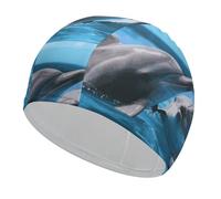 Swim Cap Hat Fabric Two Dolphins in The Water Swimming Cap for Short Long Hair to Keep Hair Dry, Waterproof Bathing Caps for Women Men, Stretchable Comfortable Shower Caps Non-Slip Pool Hat
