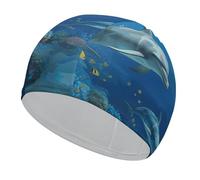 Swim Cap Hat Fabric Underwater World Dolphins Coral Swimming Cap for Short Long Hair to Keep Hair Dry, Waterproof Bathing Caps for Women Men, Stretchable Comfortable Shower Caps Non-Slip Pool Hat