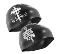 Swim Cap Silicone - Christian Swim Cap Jesus is King & He is Risen - Waterproof Swimming Cap for Adults & Kids - Stretchy Durable - Black with White Design