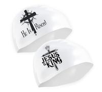 Swim Cap Silicone - Christian Swim Cap Jesus is King & He is Risen - Waterproof Swimming Cap for Adults & Kids - Stretchy Durable - White with Black Design