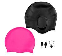 Swim Caps Unisex's Silicone Swimming Cap for Women Ladies Long Hair and Men and Kids Waterproof-a Set of 2-One with Ear Pockets and Classic One Comes with 1x Noseclip Earplugs