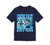 Swim Fast Eat Shark T-Shirt Funny Meme Bootleg Scary Shark Swimming Unisex Shirt, Navy, Large