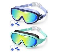 Swim Goggles for Kids Age 3-15, 2 Pack Kids Goggles Childrens UV Swimming with Electroplating No Leaking Anti-fog Full Protection Child Boys Girls Toddlers (Electroplating blue + Electroplating green)