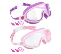 Swim Goggles Kids - Wide View UV Protection Anti-Fog Eyewear | with Nose Clip and Earplug adjustable strap No Leaking Girls Swim Goggles - for Ages 3-14 Girls Pool Beach Diving Water Sports