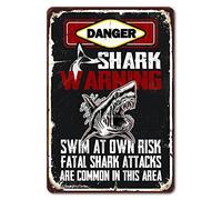 Swim Pool Tin Sign, Danger Shark Warning Swim At Own Risk Fatal Shark Attacks Are Common In This Area 8"x12" Aluminum Hanging Novelty Sign, Vintage Wall Decor for Home Bar Cave Gym Fence Beach