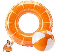 Swim Ring, Pool Floats, 2 PCS Swimming Pool Inflatables Set with Orange Rubber Ring and Orange Beach Balls, Leak-proof Swimming Float for Outdoor Summer Beach Water Sport Pool Party Supplies