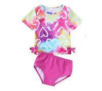 Swim Suit Kids, Girls Two Piece Swimsuit Set Featuring Short Sleeve Top With Bow And Triangle Bottom In Tie Dye Heart Print Design