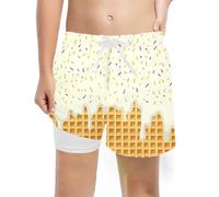 Swim Suit Kids - Ice And Pattern Print Men'S Double-Layer Swimming Trunks - Beach Shorts With Elastic Waist (White 8 Years)