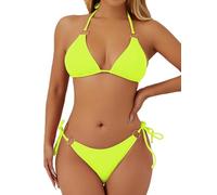 swimall Women's String Bikini Set Sexy Tie Side Two Piece Swimsuit Cute Triangle Halter Bathing Suit, 425 - Neon Yellow, XL