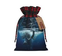 Swimming African Elephant Christmas Drawstring Linen Gift Bag Paired With Scottish Plaid Fabric, With A Delicate And Simple Texture