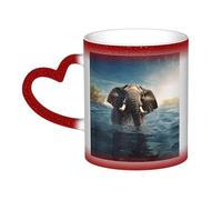 Swimming African Elephant Coffee Mug with Handle 11 Oz, Color Changing Cups In The Sky, Heat Sensitive Magic Funny Art Mug, Unique Coffee Tea Cup Porcelain Mugs Gift for Women Men Red