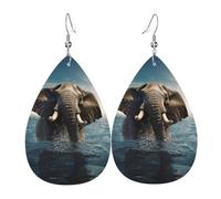 Swimming African Elephant Earrings for Women Teardrop Leather Earring Double Sided Drop Dangle Earrings Lightweight Women's Ear Accessories Jewelry Fashion Birthday Gift