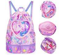 Swimming Bag for Kids, Gym Drawstring Backpack for Girls Boys - Waterproof Beach Bags with Shoes Compartment and Wet Proof Pocket for Swimming Pool Beach Travel School (Unicorn)