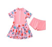 Swimming Costume with Shorts Girls Swimming Costume Fashion Cute Flower Leaf Print Zip Short Sleeve Swimsuit Swimming Costume with Skirt Two Piece Set Clearance Black Swimsuit Girls
