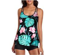Swimming Costume Women Floral Print Tankinis Sets Two Piece Swimsuit Blouson Swimsuits Ladies 2 Piece Tankini with Boyshort Swimwear A-Line Swim Tops Tummy Control Bathing Suit Beach Wear