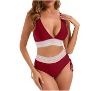 Swimming Costume Women High Waisted UK Sale Tummy Control Swimwear Bikini Sets Summer Holiday Essentials Beach Swimsuits Ladies Bikini Set with Bottoms Womens Plus Size Clothes Costumes Wine