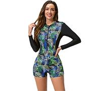 Swimming Costume Women Long Sleeve Floral Zip Up One Piece Boyleg Swimsuit Ladies Muslim Full Body Burkini Modest Swimwear Neoprene Rash Guard Surf Bathing Wet Suits Wetsuit #1010 Green XXL