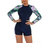 Swimming Costume Women Long Sleeve Floral Zip Up One Piece Boyleg Swimsuit Ladies Muslim Full Body Burkini Modest Swimwear Neoprene Rash Guard Surf Bathing Wet Suits Wetsuit Navy Blue #A L