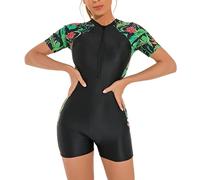 Swimming Costume Women Long Sleeve/Short Sleeve Floral Zip Up One Piece Boyleg Swimsuit Ladies Muslim Full Body Burkini Modest Swimwear Neoprene Rash Guard Surf Bathing Wet Suits Wetsuit Black #1 M