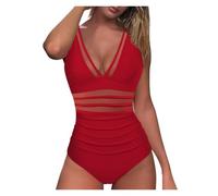 Swimming Costume Women Mesh 1 Piece Swimsuit Sexy Deep V Swimwear Push Up Padded Bikini Solid Ruched Women Beachwear Bathing Suit(Red,XL)