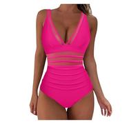 Swimming Costume Women Mesh 1 Piece Swimsuit Sexy Deep V Swimwear Push Up Padded Bikini Solid Ruched Women Beachwear Bathing Suit(Pink,M)