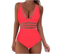 Swimming Costume Women Plus Size, Tummy Control Swimwear, See Throught Bathing Suit Sexy Mesh Lace Swimwear Straps Ruched Swimsuits Bikini Bottoms High Waist Vintage Monokini Watermelon Red