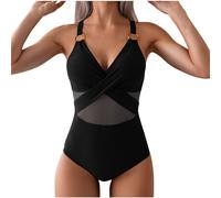 Swimming Costume Women Sexy Mesh One Piece Swimsuit V Neck Tummy Control Swimwears Vintage Padded Push up Monokini Swimwear Slimming Ruched Ccross Blachless Bathing Suit Surfing Beachwear