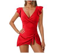 Swimming Costume Women's One Piece Swimsuits Ruffled Sleeveless Skirted Swimsuit Solid Knot Front Tummy Control Swimwear Monokinis Bathing Suit V Neck Swimming Dress Beachwear Ladies Swimming Costumes