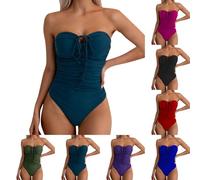 Swimming Costumes for Women UK Summer Waist Ruched Sexy Pleated Swimsuits with Front Tie Two Wear Halterneck Solid Color Bikini Swimming Costume Vintage One Piece Beach Bathing Suits Hot Pink