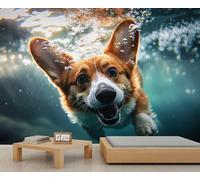 Swimming Dogs 3D Wallpaper, Underwater Dog Wall Mural, Corgi Murals for Living Room Bedroom TV Background Office Decor - 366x254cm
