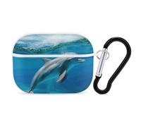 Swimming Dolphin in Blue Sea AirPods Pro 2 Case Cover, Shockproof Hard Shell Protective Case for Women Men, Compatible with Airpod Pro Case 2nd/1st Generation with Keychain-White