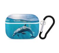 Swimming Dolphin in Blue Sea AirPods Pro Case Cover with Keychain Ring PC Hard Shell Protective Case for AirPods Pro 2nd for Women Men Generation Easy Open Full Drop Protection Cover White-Style