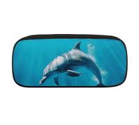 Swimming Dolphin in Blue Sea Pencil Case Waterproof Leather Pencil Pouch Multi-purpose Aesthetic Makeup Bag Cute Pen Bag Large Cosmetic Bag for Office Stationery, Travel