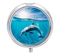 Swimming Dolphin in Blue Sea Pill Box - 3 Compartment Travel Pill Organizer with Small Mirror, Portable Pillcase for Pocket & Purse, Cute Round Medicine Case, Weekly Medicine Container